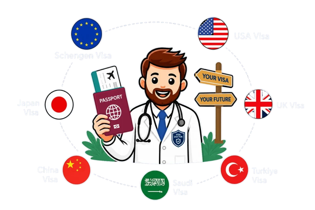 Visa Doctor illustration: a doctor holding a passport, surrounded by Schengen, USA, UK, Japan, China, Saudi and Turkiye visa flags